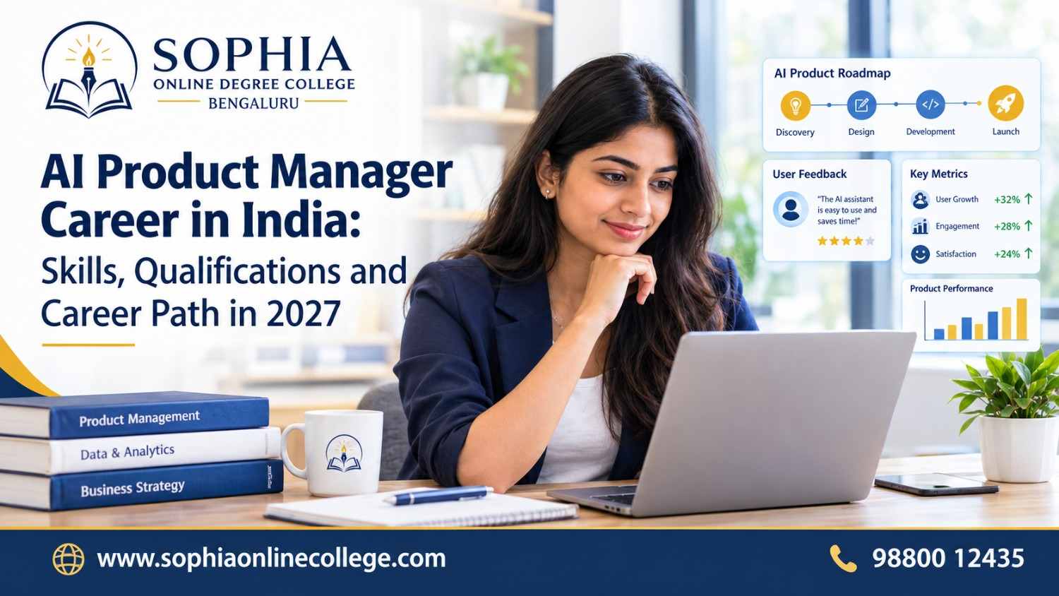 AI product management career banner featuring an Indian professional, product roadmap and performance dashboard.