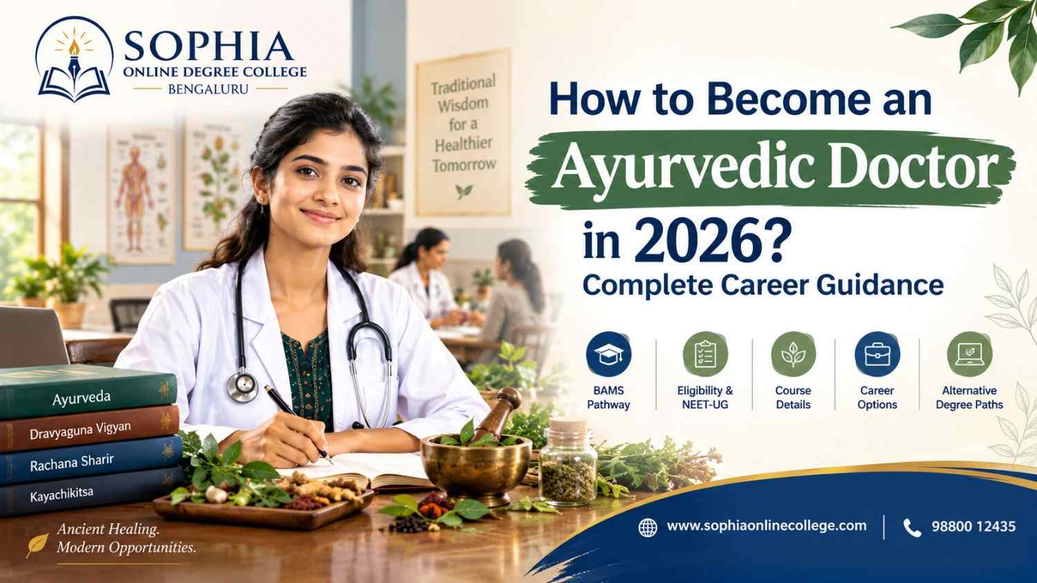 Ayurvedic Doctor career guide 2026 with Ayurveda student and SODC branding