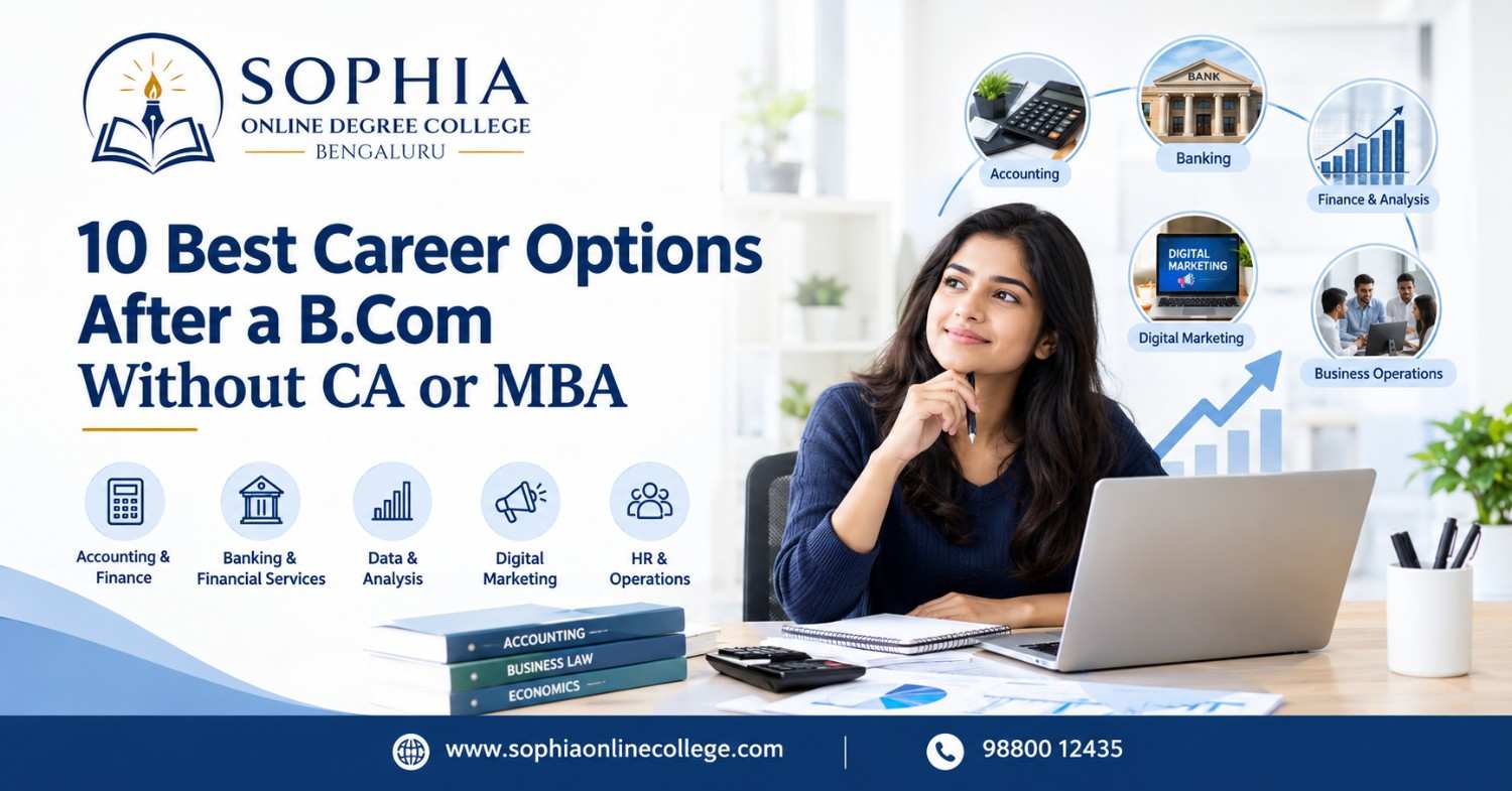 Indian commerce graduate exploring career options after B.Com without CA or MBA, with career planning elements and Sophia Online College branding.