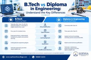 Educational infographic comparing B.Tech and Diploma in Engineering by entry qualification, duration, learning approach, qualification level and career pathways.