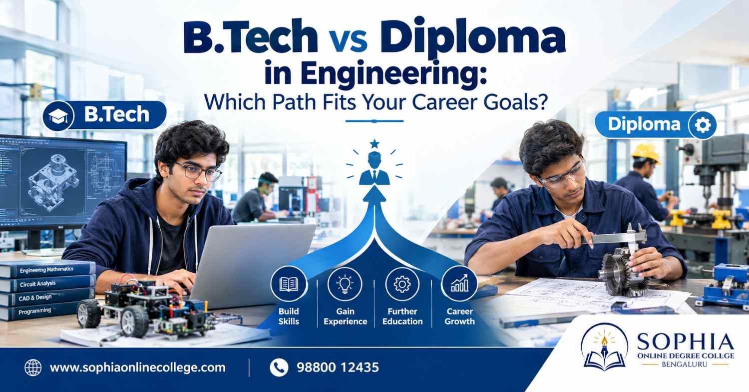 B.Tech vs Diploma in Engineering comparison showing Indian students exploring degree and diploma pathways, technical learning and career opportunities.
