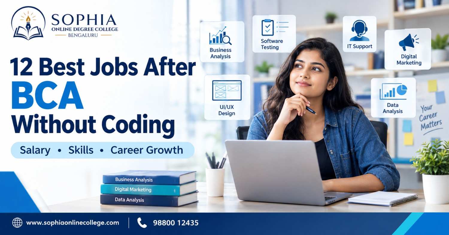 12 best jobs after BCA without coding, featuring an Indian graduate exploring business analysis, software testing, IT support, digital marketing and other career opportunities.