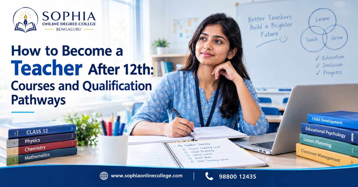 How to become a teacher after 12th showing an Indian aspiring teacher, educational materials, and teacher-training course planning.