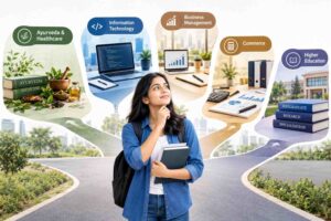 Student comparing Ayurveda, IT, business and online degree career pathways