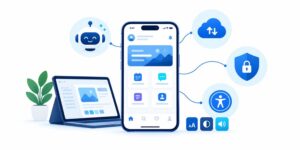 Illustration of mobile app development trends including AI, cloud services, security and accessibility.