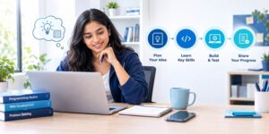 Indian student learning app development on a laptop in a modern study environment, with a visual progression illustrating the process of planning a project idea, learning essential programming skills, building and testing an application, and sharing project progress.