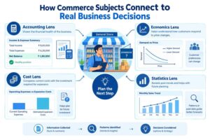 Educational infographic connecting accounting, economics, taxation and business statistics with practical business decisions and workplace tasks.