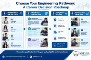 Engineering education roadmap helping Indian students after Class 10 or Class 12, diploma holders and working professionals identify suitable study pathways and next steps.