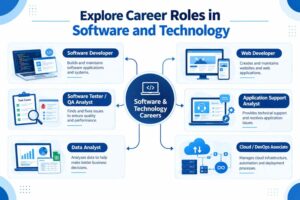 Infographic explaining six software and technology career paths: software developer, web developer, software tester, application support analyst, data analyst, and cloud or DevOps associate.