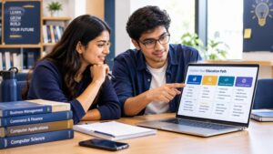 Indian students comparing business management and computer science degree options on a laptop.