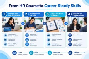 Four-stage Human Resource Management career roadmap showing course selection, HR skill development, practical project creation and job preparation.