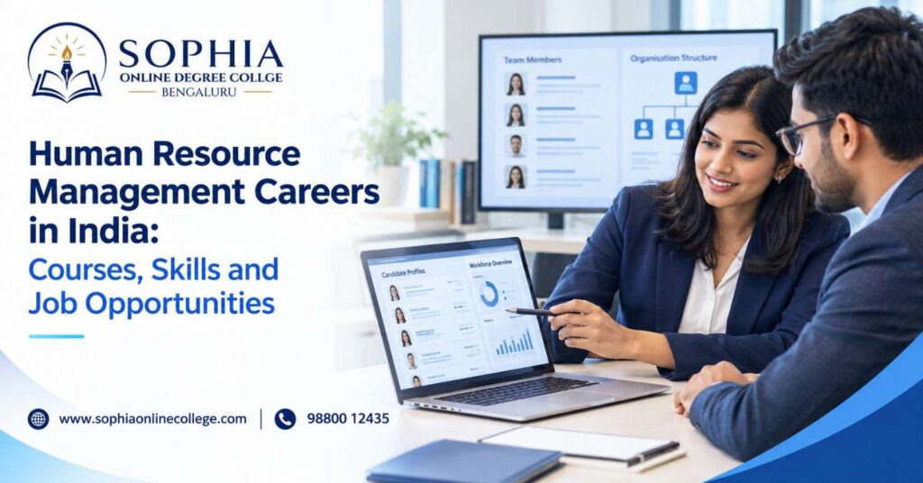 Human Resource Management careers in India featuring an Indian HR professional, recruitment dashboard and workplace planning elements.