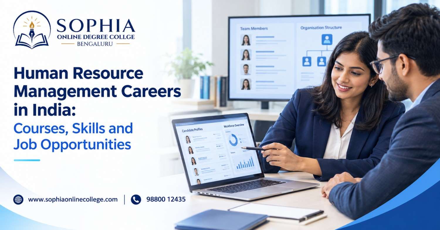 Human Resource Management careers in India featuring an Indian HR professional, recruitment dashboard and workplace planning elements.