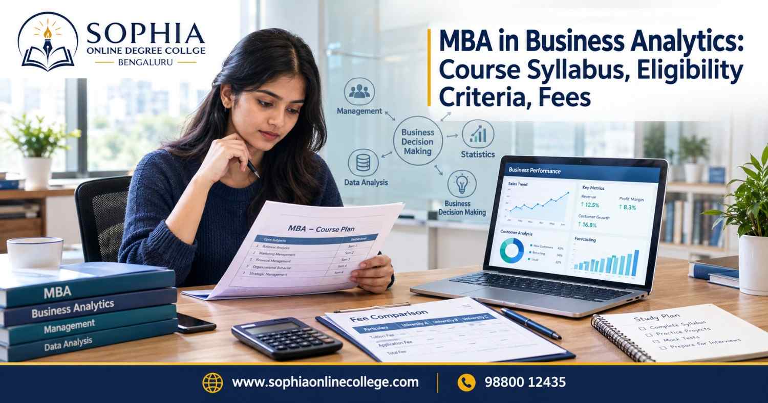 Indian graduate reviewing an MBA in Business Analytics syllabus, business dashboard and course-fee comparison documents.
