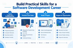 Four-stage software development skills roadmap covering programming and computer fundamentals, technical tools, practical project building, and career preparation.