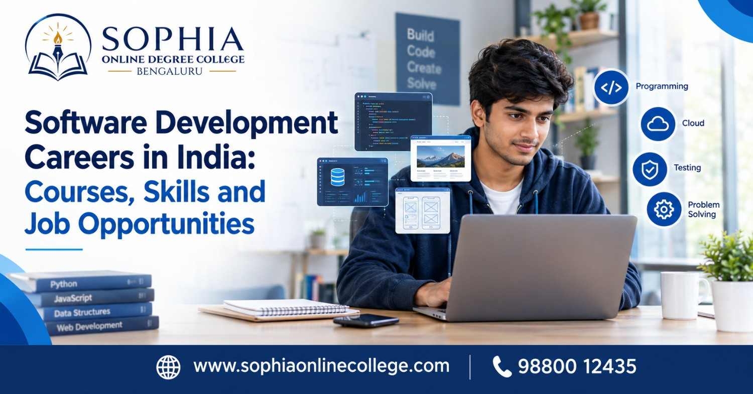Featured image showing an Indian student working on a laptop with software code and application interface visuals, representing software development careers, courses, skills and job opportunities in India, with SODC branding