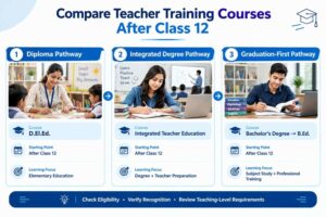 Infographic comparing D.El.Ed., integrated teacher-education degrees, and graduation followed by B.Ed. for aspiring teachers in India.